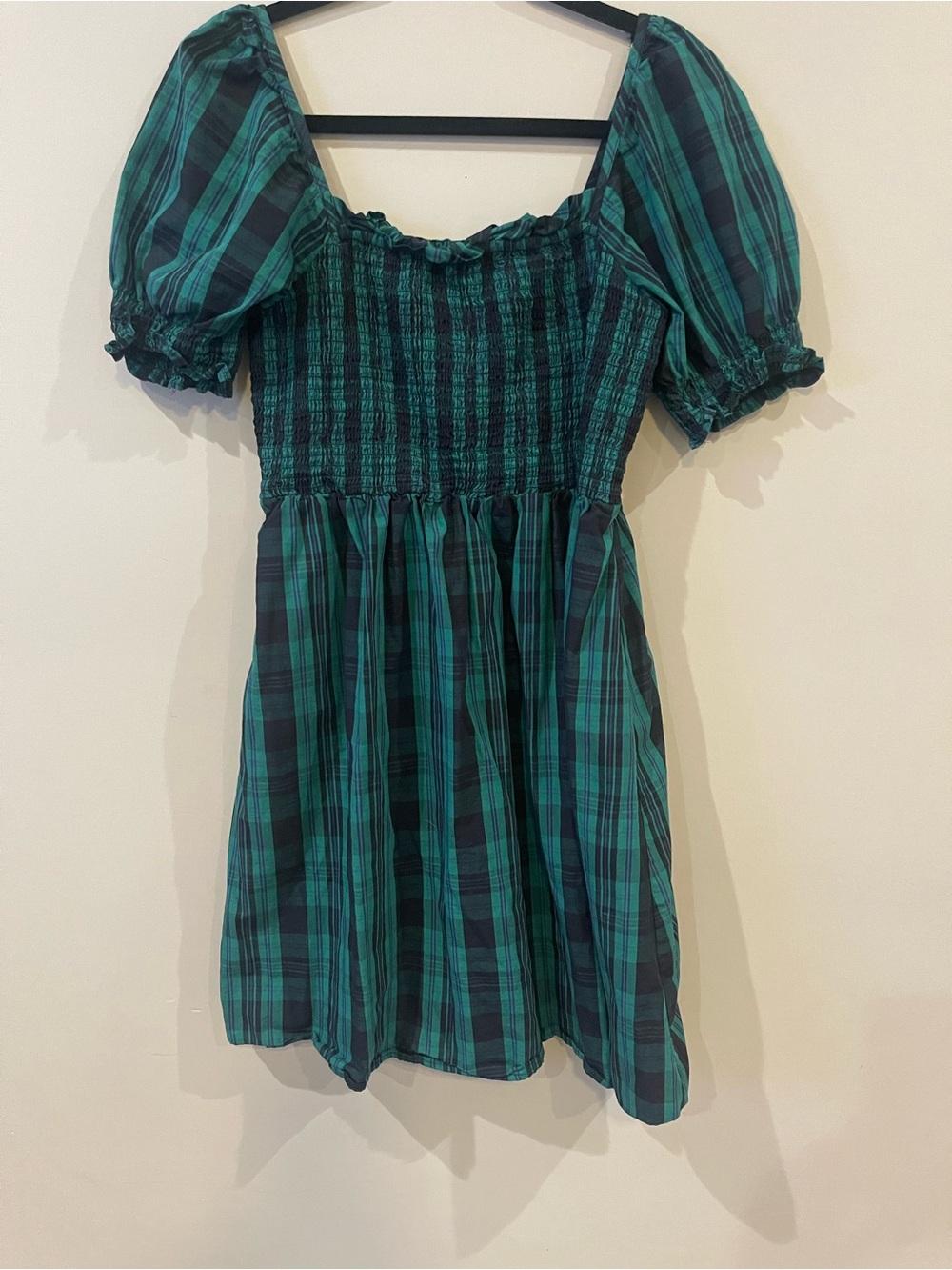 Draper James Green & Black Plaid Puff-Sleeve Mini Dress